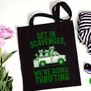 Thrifting Black Tote Bag with Green fun graphic Design